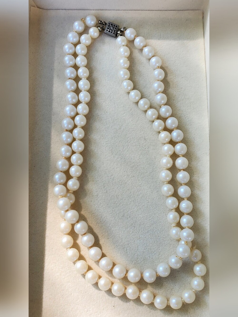 Vintage Double Strand Faux Pearl Necklace with Sterling Silver Clasp